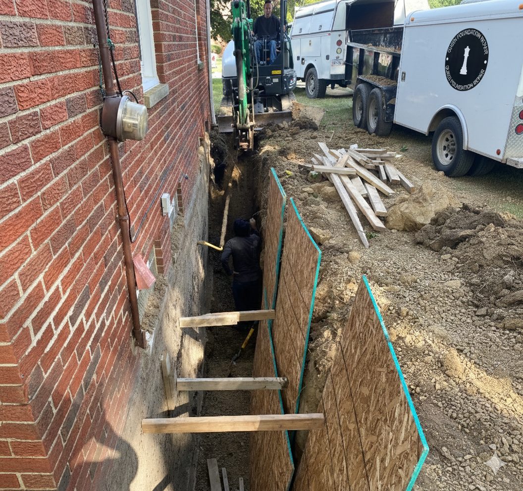 Queen Foundation Repair crew member inspecting crawl space structural supports with a flashlight